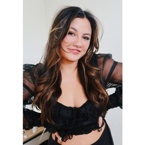 NEW LOVE & LEMONS Organza Puff Long Sleeve Ruffle Sweetheart Neck Crop Top XS - Picture 6 of 16